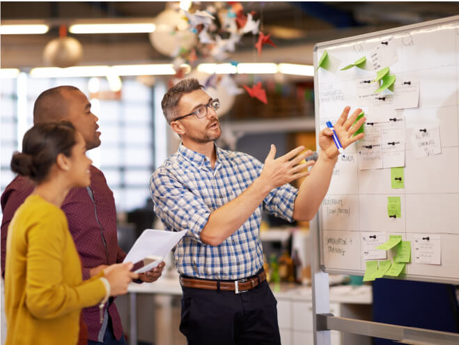 A group of people standing around a white board listening to a man explain what is on the board
